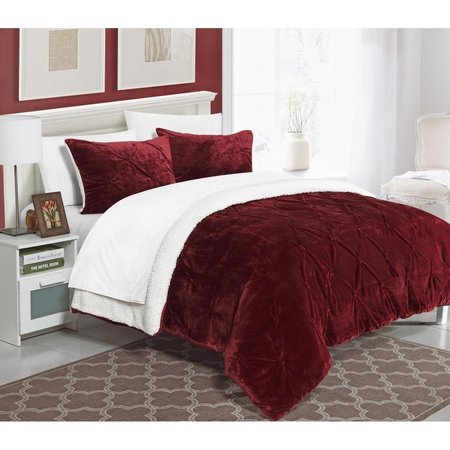 FIXTURESFIRST Enzo Pinch Pleated Ruffled & Pintuck Sherpa Lined Comforter Set - Burgundy - Queen - 3 Piece FI2541647